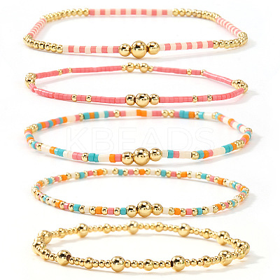 5Pcs Bohemian Style Brass & Glass Seed Bead Stretch Bracelets for Women AC5136-1-1