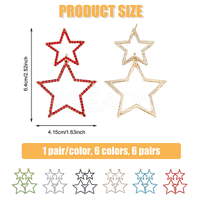 6 Pairs 6 Colors Alloy Hollow Star Dangle Stud Earrings with Rhinestone for Women EJEW-FI0001-87-1