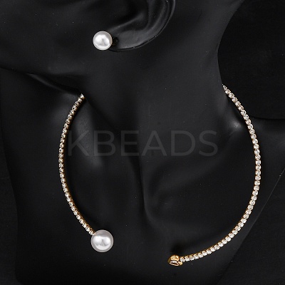 Round Plastic Imitation Pearl Stud Earrings & Heart Cubic Zirconia Rhinestone Cuff Choker Necklaces Sets SJEW-U003-08G-1