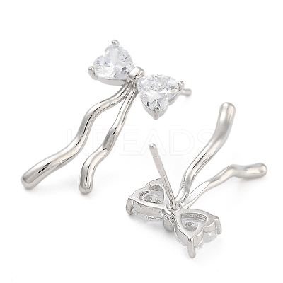 Bowknot Brass Pave Clear Cubic Zirconia Stud Earrings for Women EJEW-S216-02B-P-1