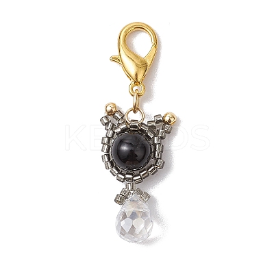 Natural Black Onyx & Glass Seed Beaded Cat Pendant Decoration HJEW-MZ00157-02-1