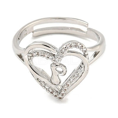 Heart with Letter Rack Plating Brass Micro Pave Clear Cubic Zirconia Adjustable Rings for Women RJEW-I105-01P-P-1