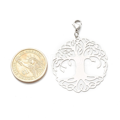 Tarnish Resistant Flat Round with Tree of Life 201 Stainless Steel Filigree Pendant Decorations HJEW-JM00573-03-1
