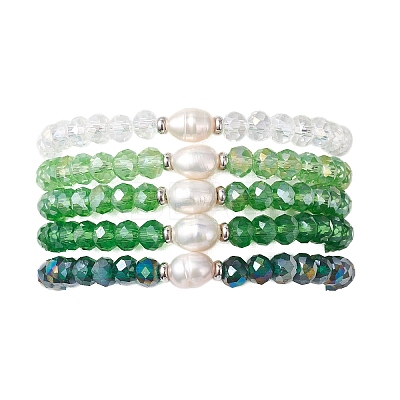 5Pcs Glass & Natural Cultured Freshwater Pearl Beads Stretch Bracelets for Women BJEW-JB13521-1