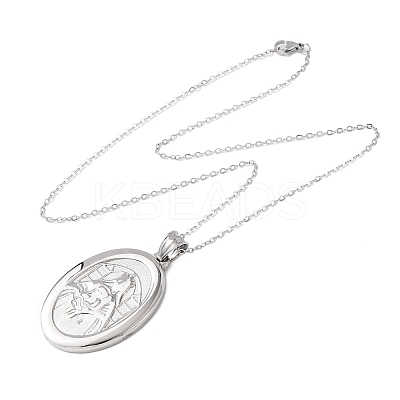 304 Stainless Steel Oval with Virgin Mary Pendant Necklaces for Women NJEW-B149-01P-1