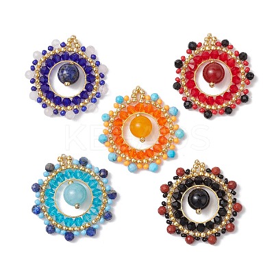 Natural Lapis Lazuli/Rose Quartz/Magnesite/Red Jasper/Black Onyx/Mashan Jade/Carnelian & Glass Seed Beaded Woven Pendants PALLOY-MZ00366-1