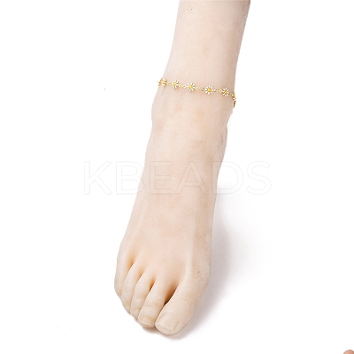 Brass Enamel Daisy Link Chain Anklets AJEW-AN00337-1