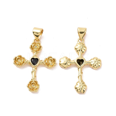 Cross with Flower Brass Micro Pave Cubic Zirconia Pendants KK-G435-06G-02-1