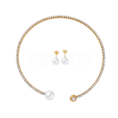 Round Plastic Imitation Pearl Stud Earrings & Cubic Zirconia Rhinestone Cuff Choker Necklaces Sets SJEW-U003-07G-1