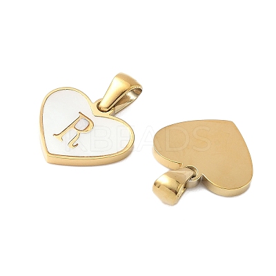 304 Stainless Steel Pave Natural White Shell Heart with Initial Slice Pendants STAS-R168-25G-R-1