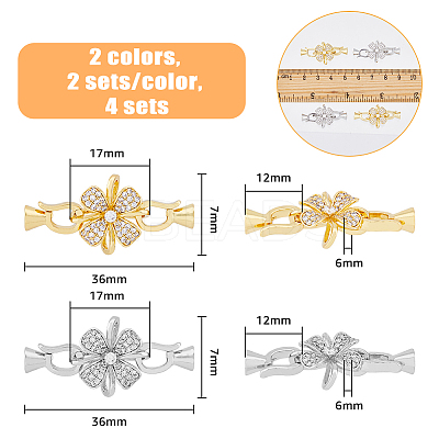 4 Sets 2 Colors Rack Plating Flower Brass Pave Clear Cubic Zirconia Fold Over Clasps KK-FH0006-91-1