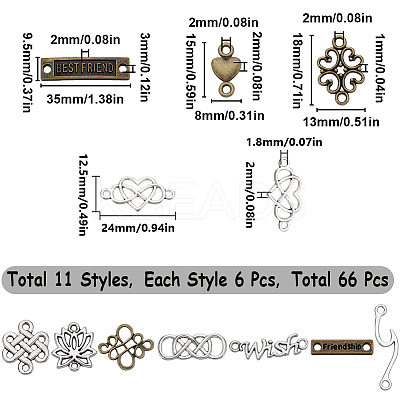 66pcs 11 styles Tibetan Style Alloy Connector Charms TIBE-SC0001-89-1