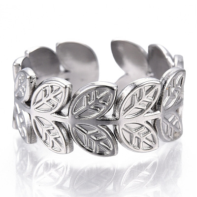 Non-Tarnish 304 Stainless Steel Leaf Cuff Rings RJEW-N038-110P-1