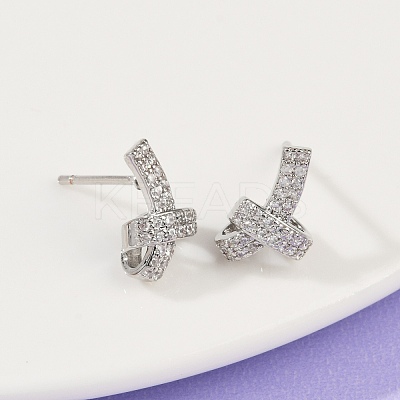knot Brass Micro Pave Clear Cubic Zirconia Stud Earrings EJEW-F895-16P-1