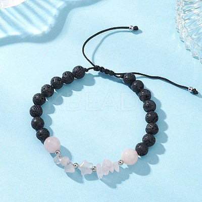 Natural Rose Quartz & Lava Rock Beads Braided Bead Bracelets for Women BJEW-JB12924-02-1