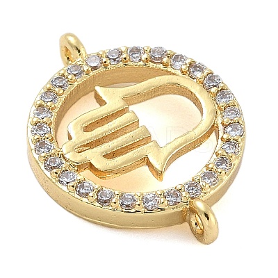 Rack Plating Brass Micro Pave Clear Cubic Zirconia Flat Round with Hamsa Hand Connector Charms KK-A234-039G-1