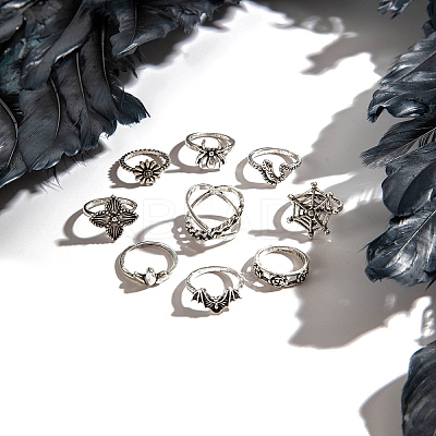 9Pcs 9 Styles Aniaml Alloy Spider & Snake & Bat & Flower Finger Rings Sets for Women PW-WG5EE65-01-1