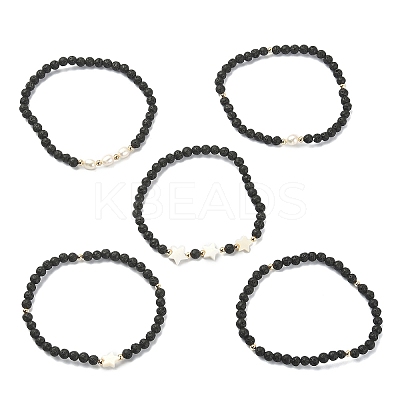 5Pcs 5 Style Natural Lava Rock & Pearl & Shell Star Beaded Stretch Bracelets Set BJEW-JB09495-03-1