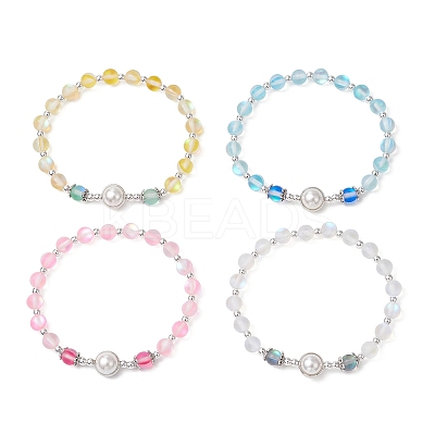 4Pcs 4 Colors Synthetic Frosted Moonstone Round Beaded Stretch Bracelets BJEW-JB11878-1