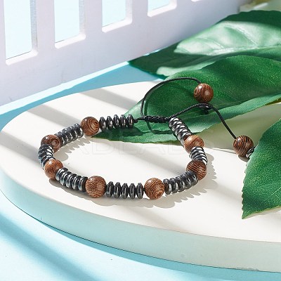 Natural Wenge Wood & Synthetic Hematite Braided Bead Bracelet BJEW-JB07933-1