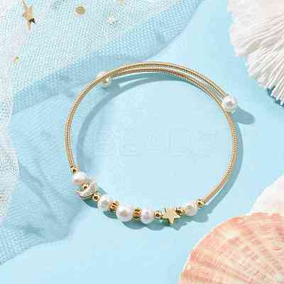 Natural Cultured Freshwater Pearl Bangle with Star Moon Brass Beads BJEW-JB10194-1
