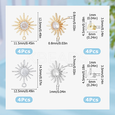 8Pcs 2 Size Sun Shape Brass Clear Cubic Zirconia Stud Earring Findings ZIRC-OC0001-09-1
