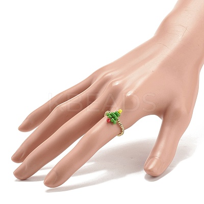 Christmas Tree Glass Seed & Brass Beaded Finger Ring RJEW-TA00038-1