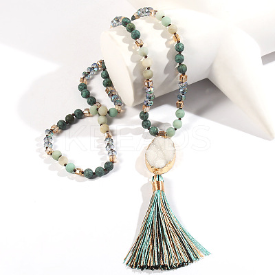 Bohemian Oval Natural Druzy Agate Tassel Pendant Necklaces FS-WGAFDEB-05-1