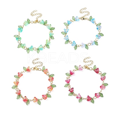4Pcs 4 Color Acrylic & Glass Beaded Flower Linnk Chain Bracelets Set BJEW-TA00273-1