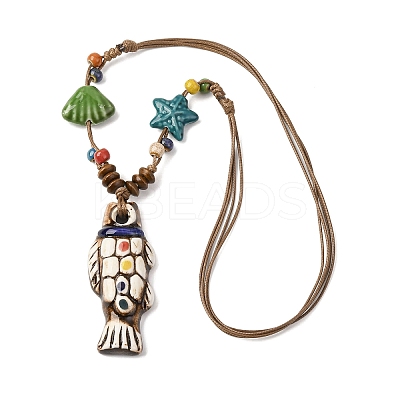 Ceramic Fish Pendant Adjustable Waxed Cord Necklaces for Women NJEW-B146-05-1