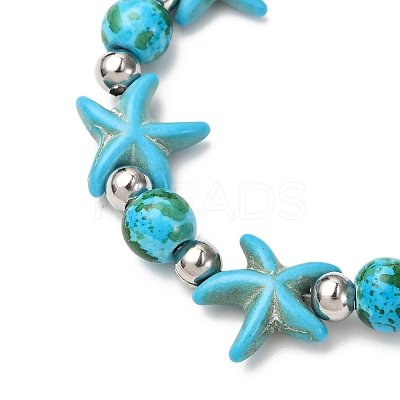 Starfish Synthetic Turquoise Beads & Brass Beads Stretch Bracelets BJEW-JB12417-03-1