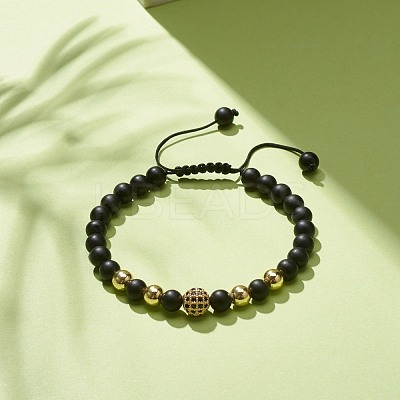 Natural Obsidian & Synthetic Hematite Braided Bead Bracelet with Cubic Zirconia BJEW-JB08117-02-1