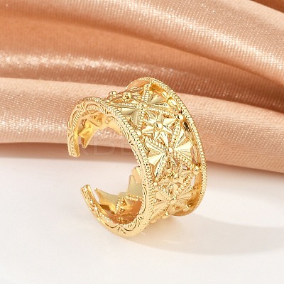 Star Pattern Hollow Brass Open Cuff Rings for Women RJEW-G343-06G-1