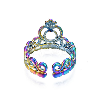 Ion Plating(IP) Rainbow Color 304 Stainless Steel Heart Crown Open Cuff Ring for Women RJEW-S405-259M-1