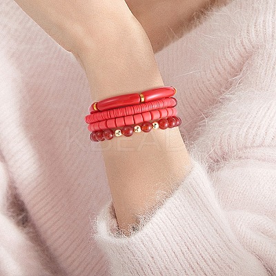 8Pcs 8 Style Natural Red Agate & Glass & Polymer Clay Heishi Surfer Stretch Bracelets Set BJEW-SW00083-1