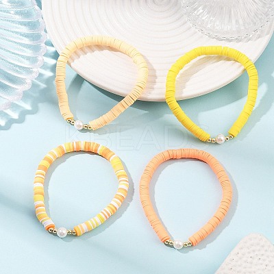 4Pcs 4 Colors Handmade Polymer Clay Heishi & Shell Pearl Beaded Stretch Bracelets for Women BJEW-JB12273-1