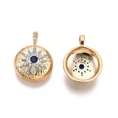 Flat Round with Star Brass Micro Pave Clear Cubic Zirconia Pendants KK-G436-17G-1