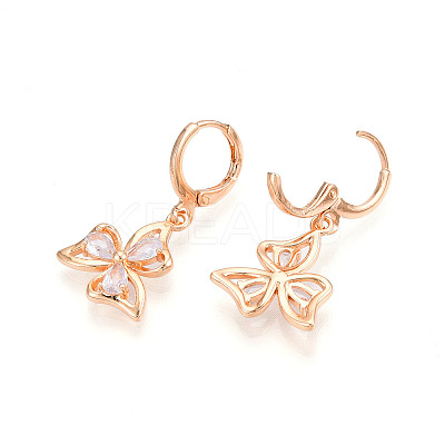 Flower Brass Micro Pave Cubic Zirconia Dangle Leverback Earrings EJEW-N058-09G-1