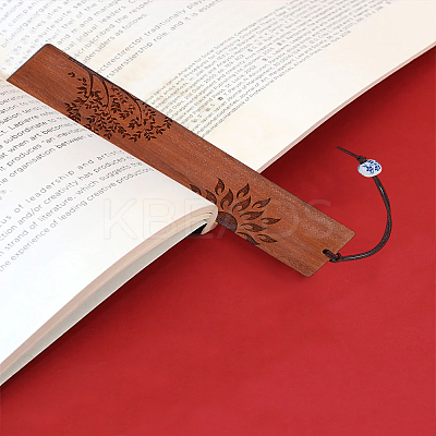 1Pc Rectangle Handmade Natural Wooden Carving Bookmarks with Rope Pendant AJEW-LP0004-27B-1