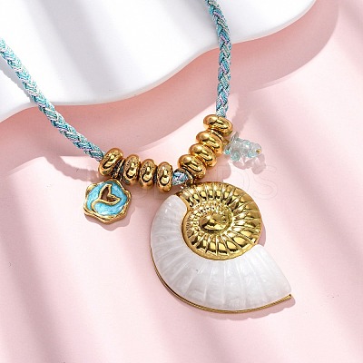 304 Stainless Steel Enamel & Natural Shell Pendant Cord Necklaces NJEW-L465-09G-01-1