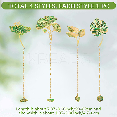 4Pcs 4 Styles Brass Leaf Pendant Bookmarks with Chain AJEW-CP0006-79-1