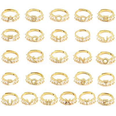 26Pcs 26 Style Initial Letter A~Z Clear Cubic Zirconia Adjustable Rings Set RJEW-Q781-17G-1