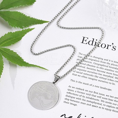 201 Stainless Steel Flat Round with Boy Pendant Box Chain Necklaces for Women Men NJEW-R013-05P-1