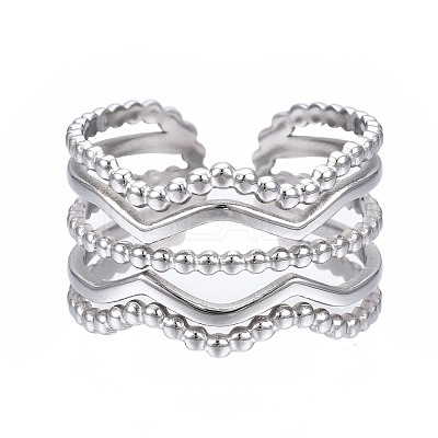Non-Tarnish 304 Stainless Steel Wave Open Cuff Ring RJEW-T023-34P-1