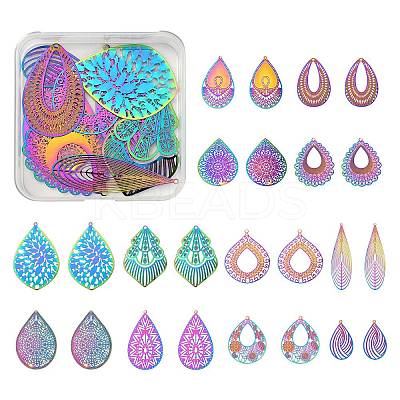 24Pcs 12 Style Ion Plating(IP) 201 Stainless Steel Filigree Pendants STAS-SZ0002-18-1