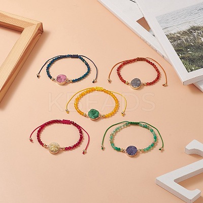 5Pcs 5 Color Dyed Natural Drusy Agate Flat Round Link Bracelets Set BJEW-JB09275-1