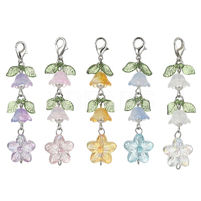 5Pcs 5 Colors Transparent Acrylic & Glass Flower Pendant Decoration HJEW-JM01535-S-1