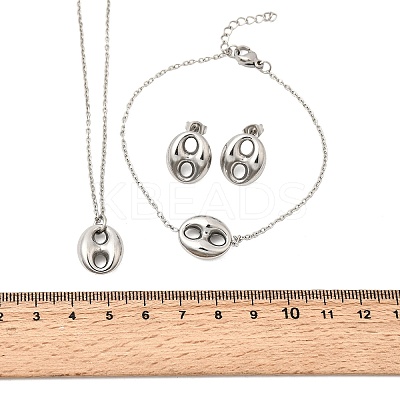 304 Stainless Steel Oval Pendant Necklaces & Bracelets & Stud Earrings Sets SJEW-P008-02P-1