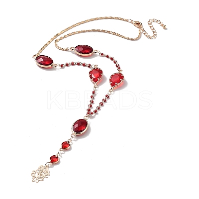 Red Oval & Teardrop Glass Lariat Necklace with Brass Chains NJEW-A015-18KCG-1