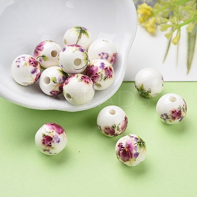 Floral Printed Porcelain Beads X-CFF042Y-1